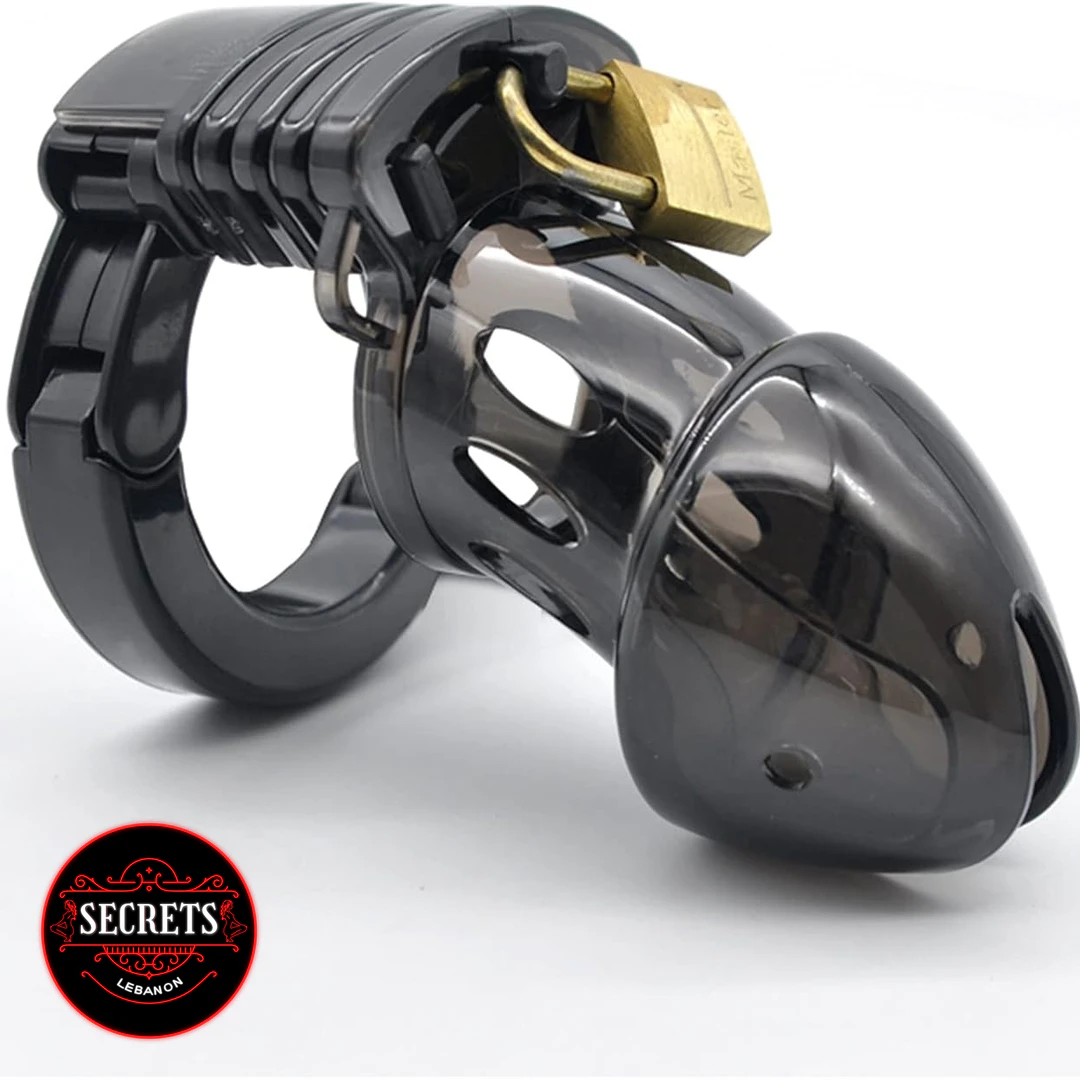 Adjustable Silicone Chastity cage in smoke black with brass padlock