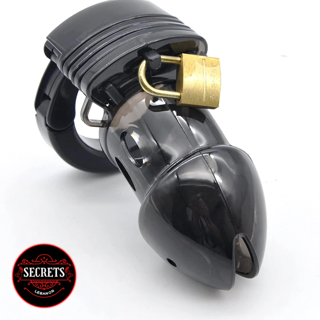 Adjustable Silicone Chastity cage in black with brass padlock on white background