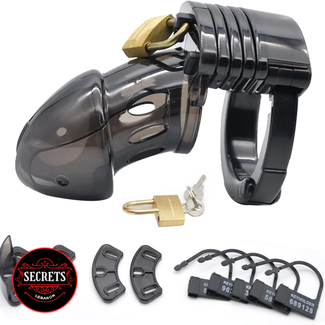 Adjustable Silicone Chastity cage in black with brass padlock and accessories