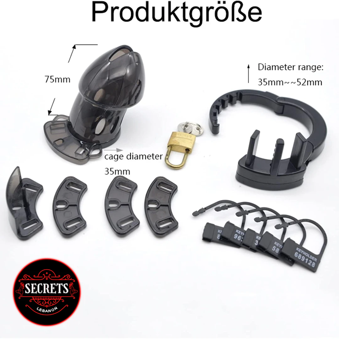 Adjustable Silicone Chastity cage kit with black components and brass padlock