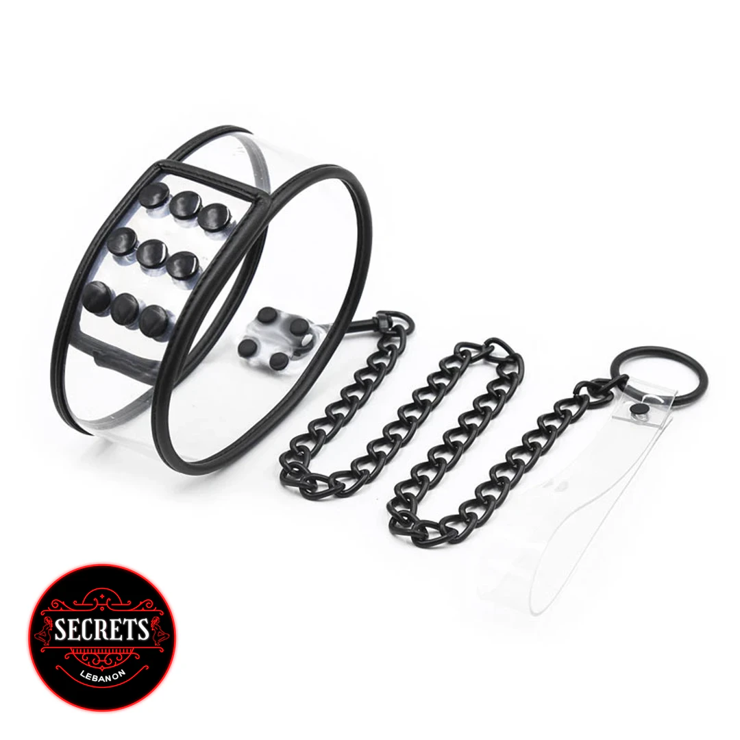Black Chain Submissive Collar Set with clear PVC band and black curb chain