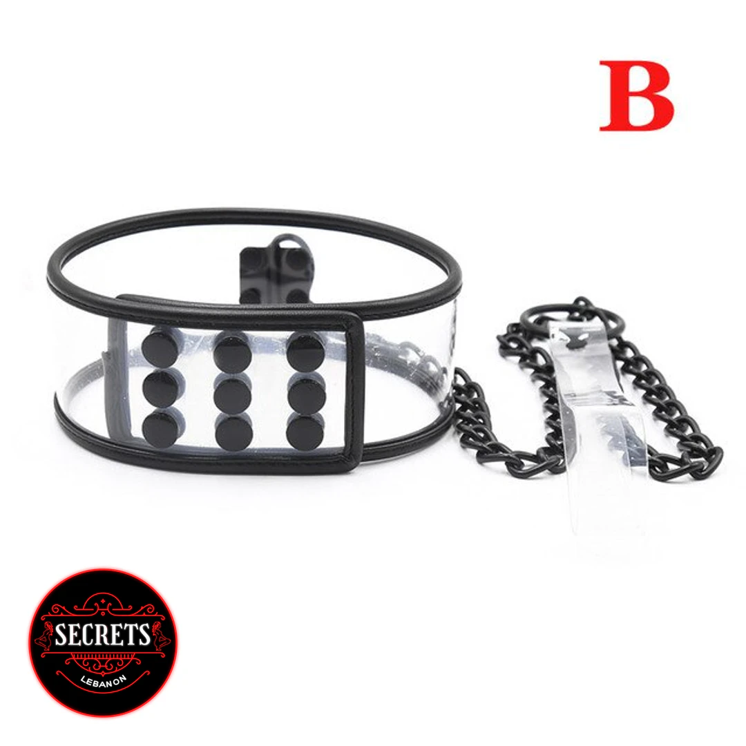 Black Chain Submissive Collar Set with clear band, studs, and black chain