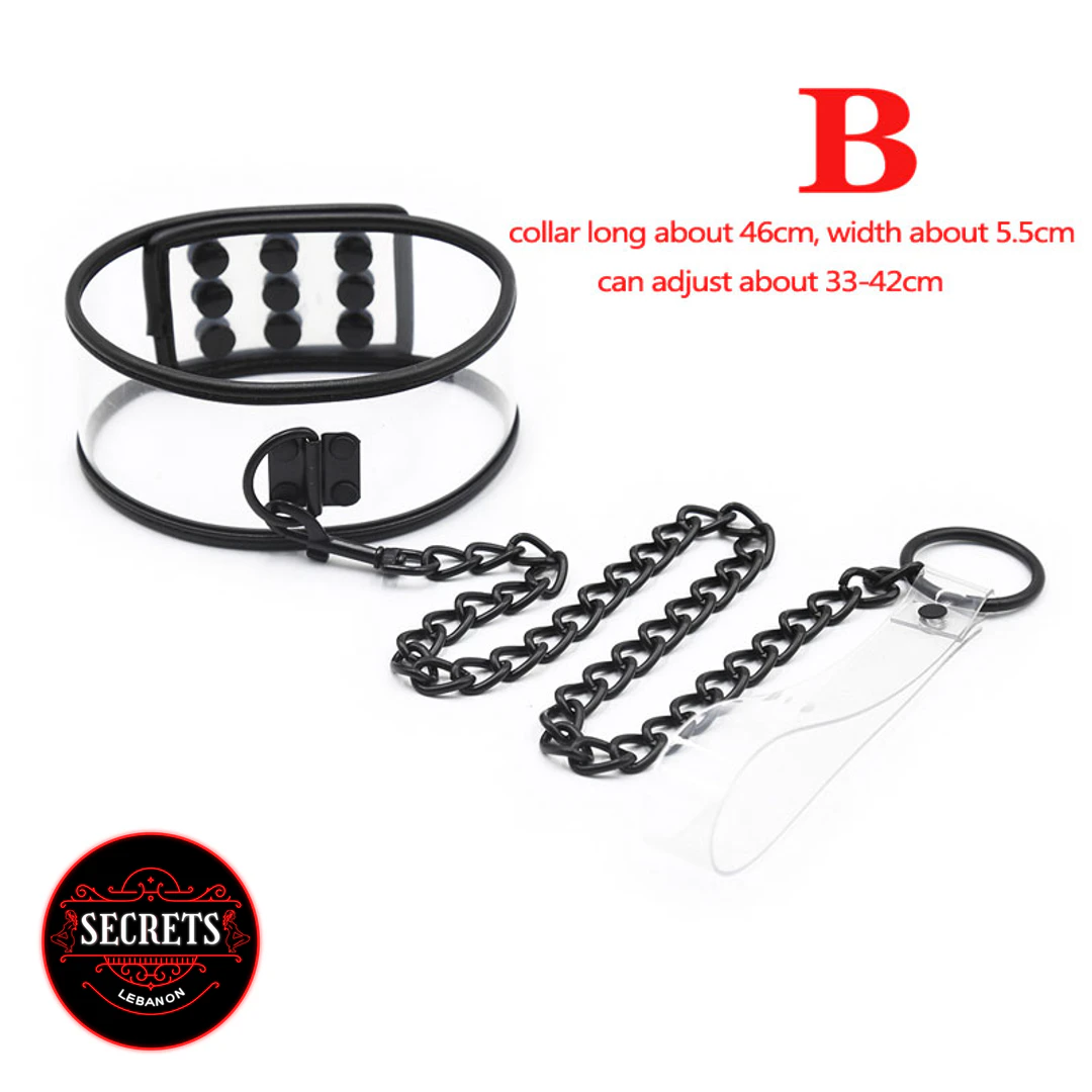 Black Chain Submissive Collar Set with clear acrylic plug on white background