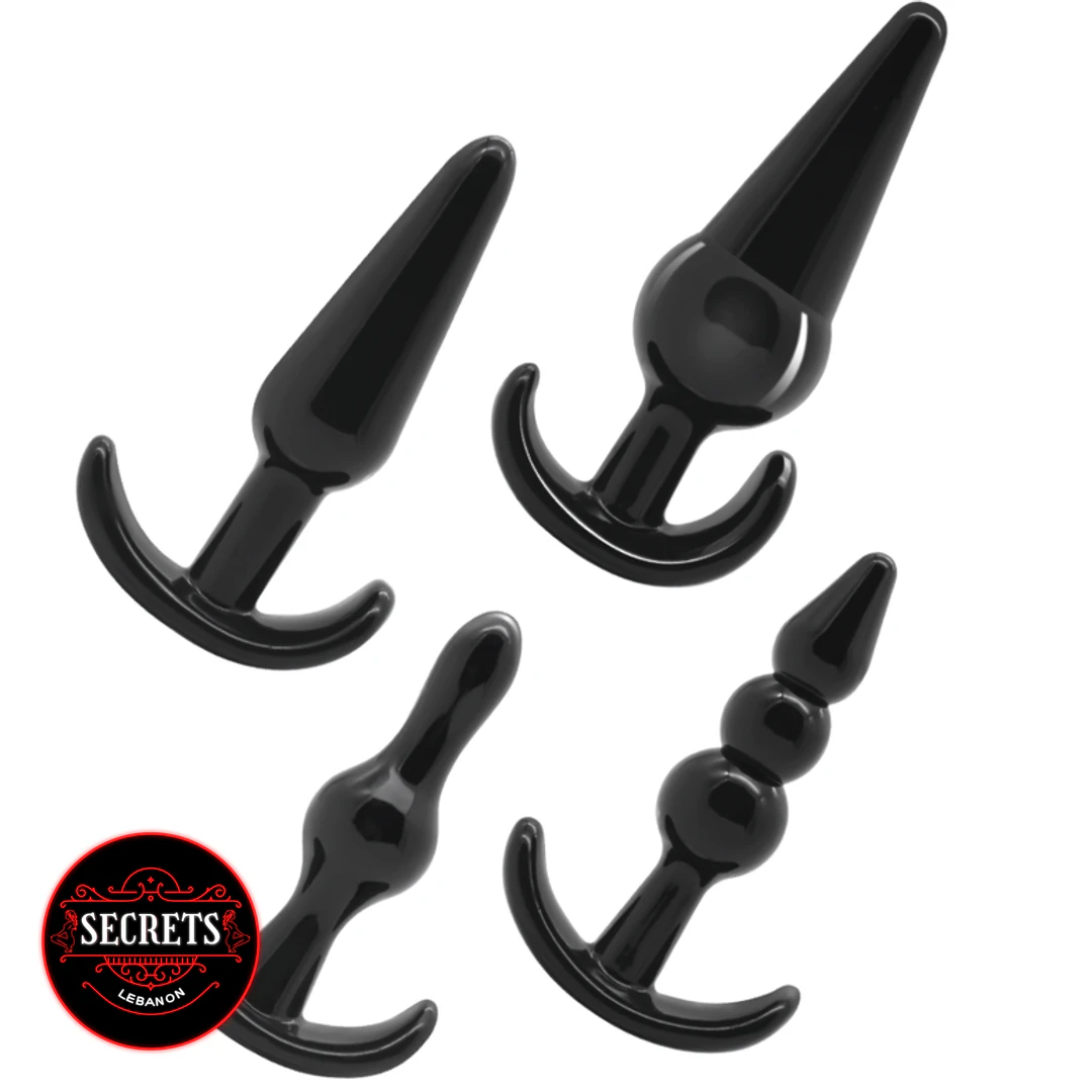 BlackOut 4 Piece Anal Plug Set in glossy black with anchor bases