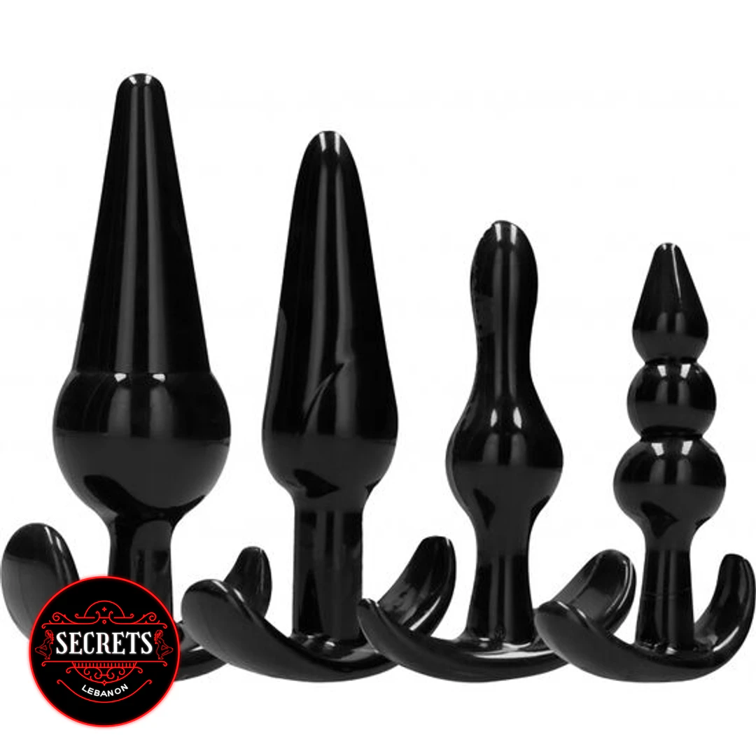 BlackOut 4 Piece Anal Plug Set in glossy black arranged by size