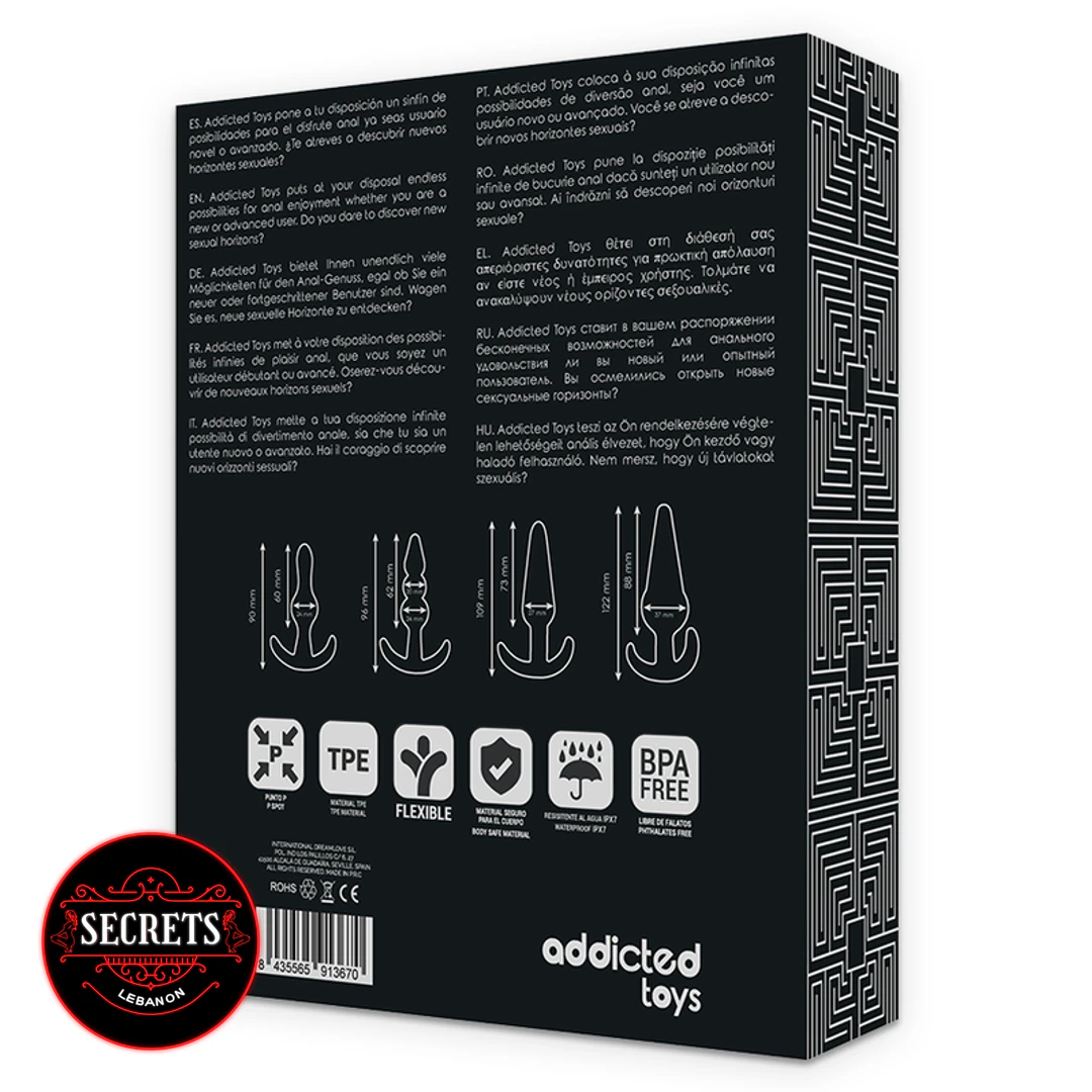 BlackOut 4 Piece Anal Plug Set black box back panel showing size diagrams