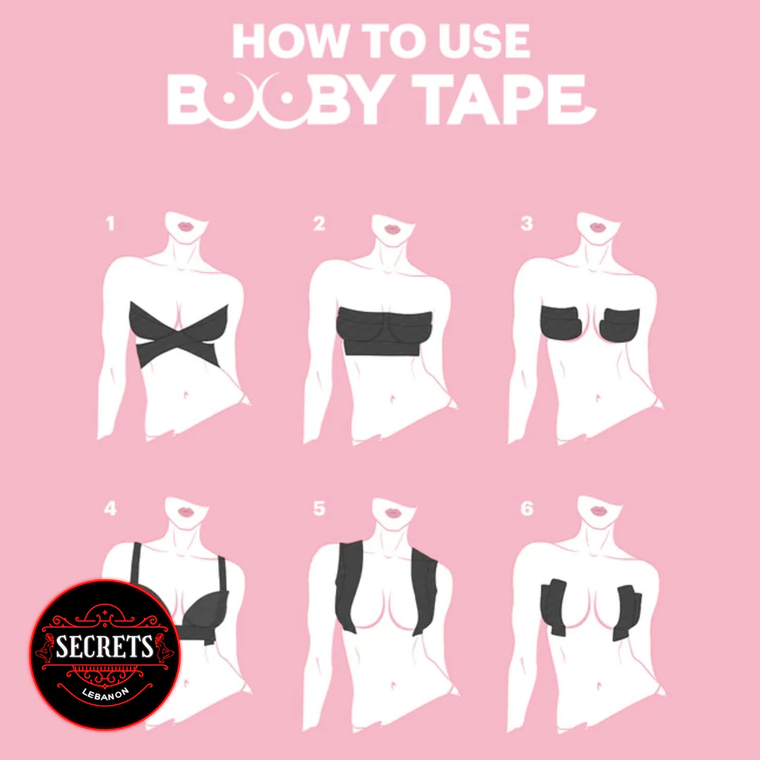Booby Tape Original Breast Lift Roll six application methods diagram on pink
