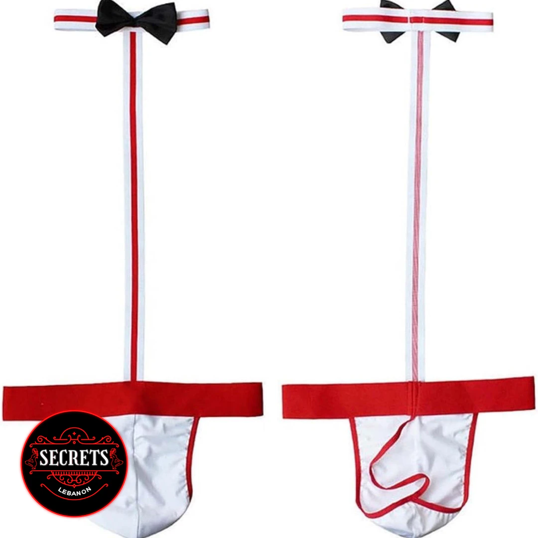 Butler Bow Tie Male Lingerie Set white red front and back views