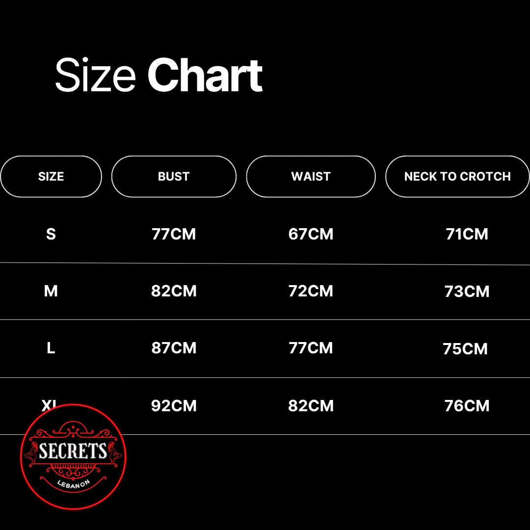 Chain Fishnet Wetlook Bodysuit size chart showing bust waist and length measurements