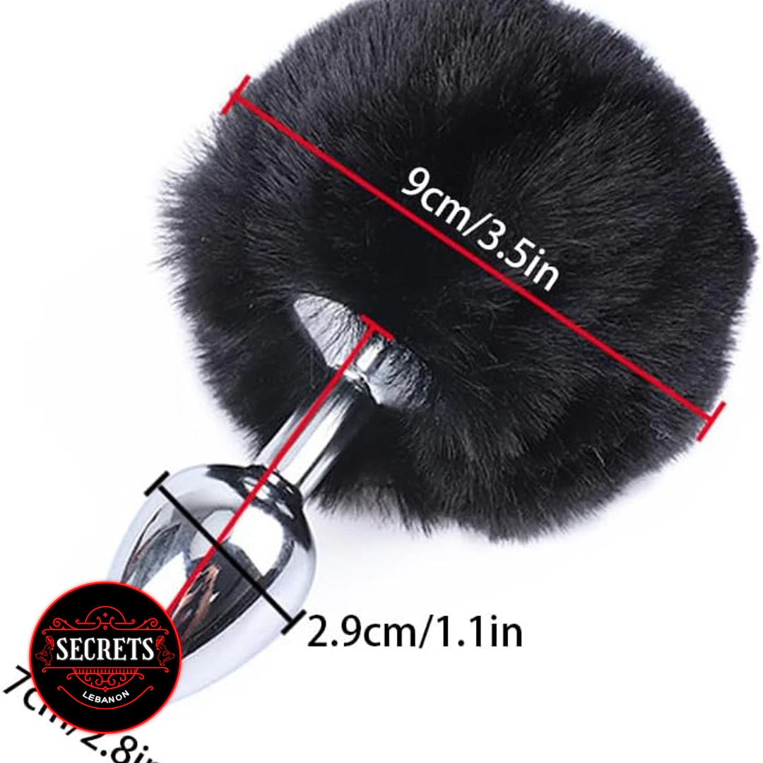 Darkness Pom Pom Steel Anal Plug with black fluffy pom pom and size dimensions