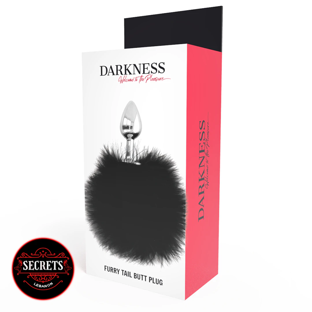 Darkness Pom Pom Steel Anal Plug packaging with black fluffy tail detail