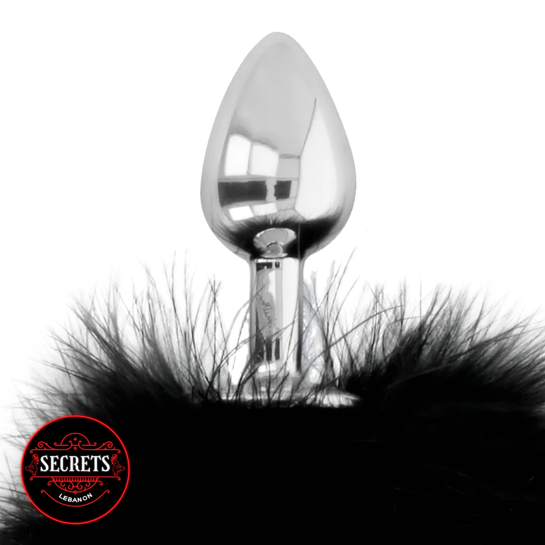 Darkness Pom Pom Steel Anal Plug with black fluffy tail close-up
