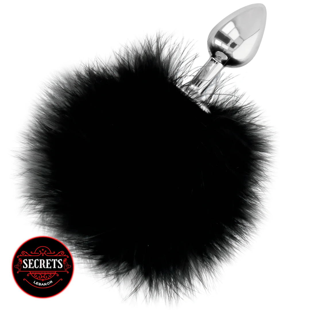 Darkness Pom Pom Steel Anal Plug with fluffy black fur ball