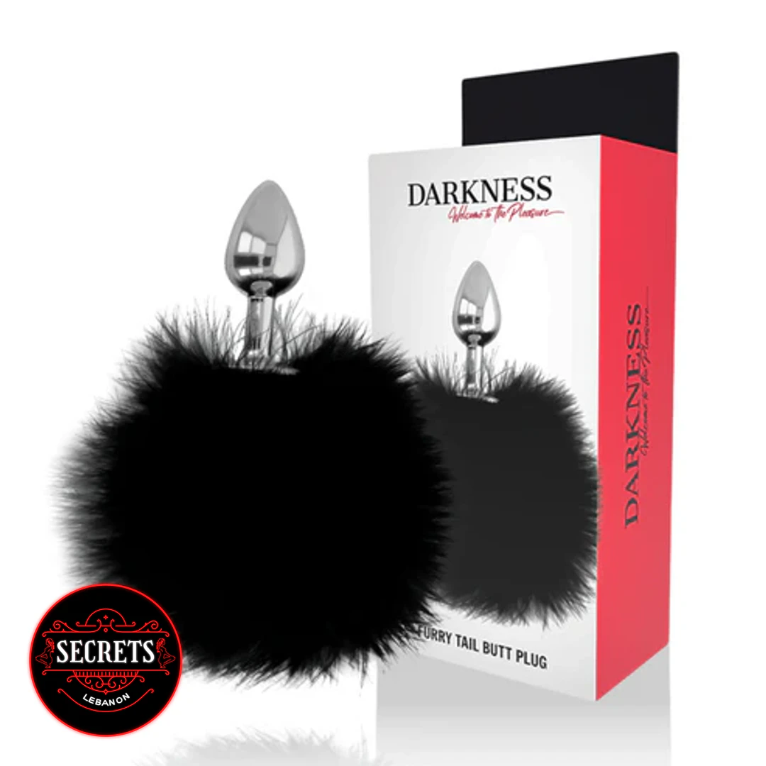 Darkness Pom Pom Steel Anal Plug with black fluffy tail beside box