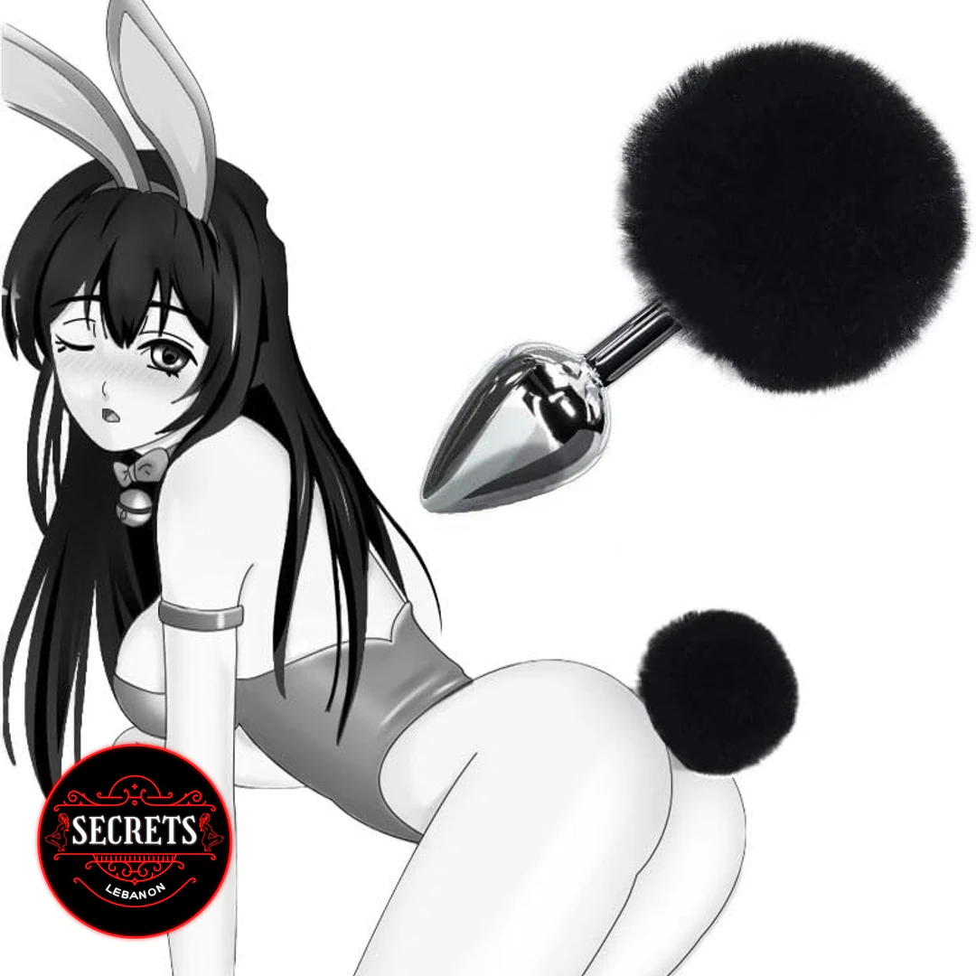 Darkness Pom Pom Steel Anal Plug with black fluffy pompon on white background