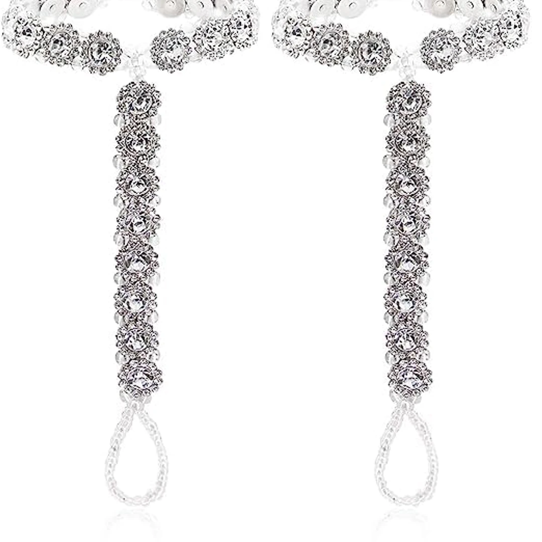 Diamante Tassel Toe Anklet pair with crystal beads on white background