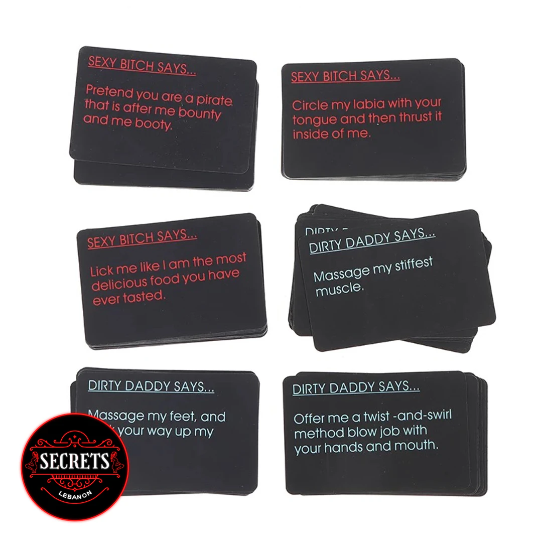 Dirty Dare Couples Command Set black cards with red and teal text