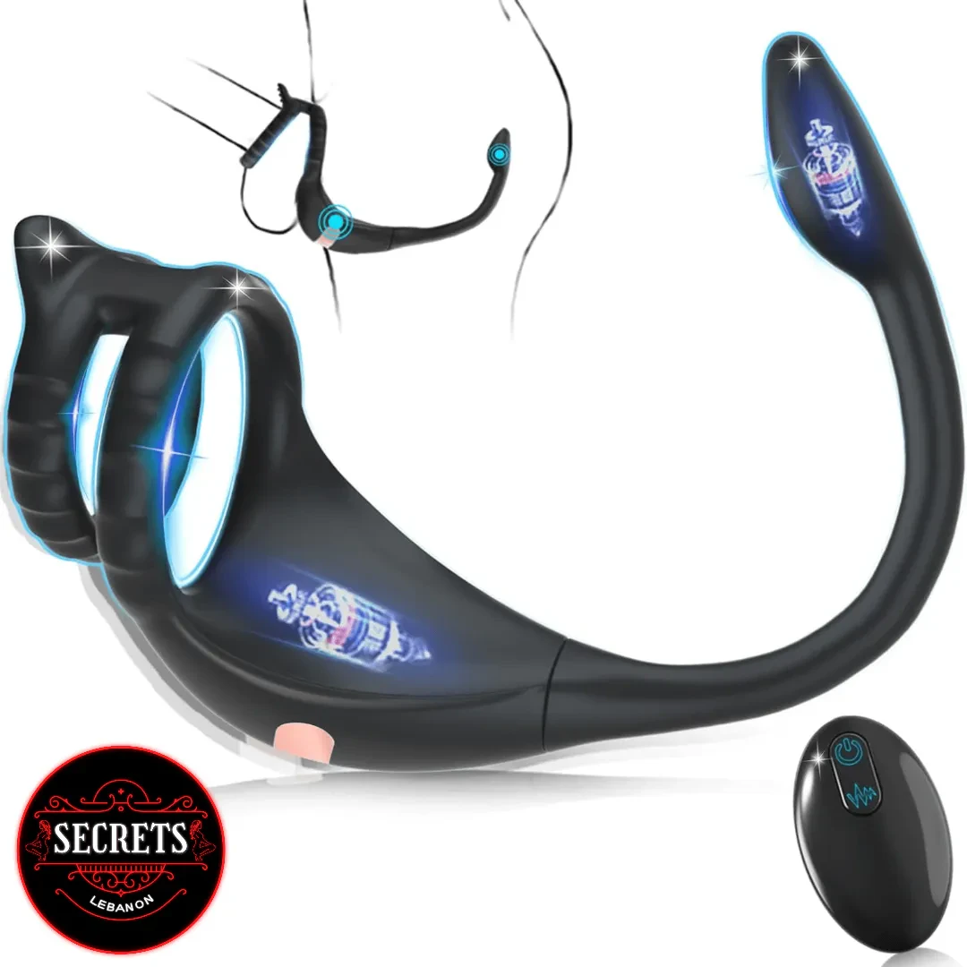 DualStrike Silicone Anal Hook Cock Ring in black with wireless remote control