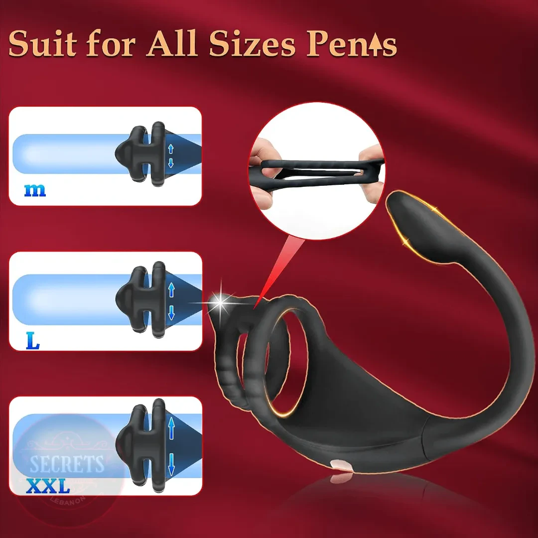 DualStrike Silicone Anal Hook Cock Ring black with dual-ring sizing diagram infographic
