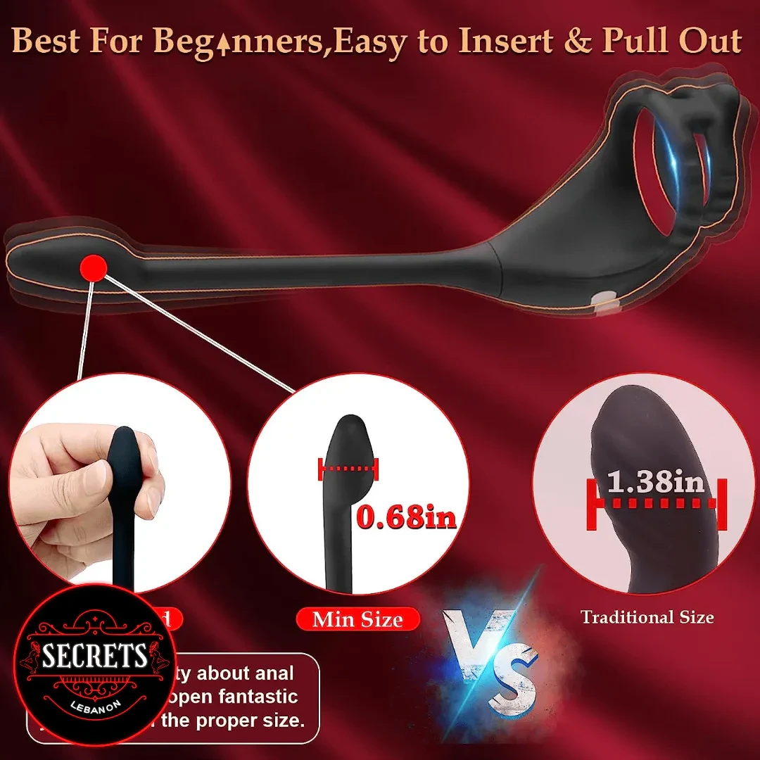 DualStrike Silicone Anal Hook Cock Ring in black with size comparison infographic