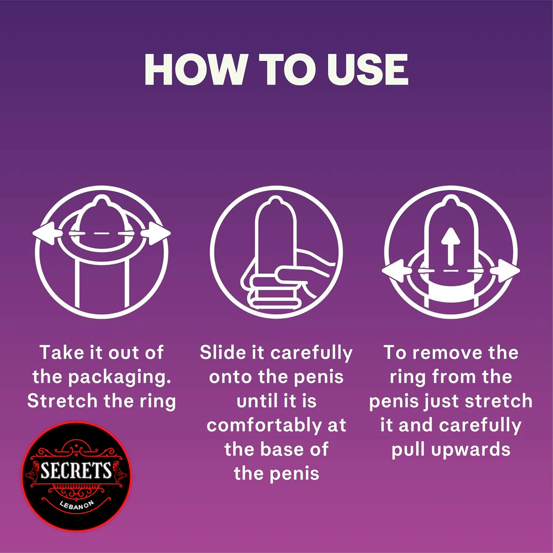 Durex Intense Silicone Cock Ring how-to-use instructional diagram on purple background