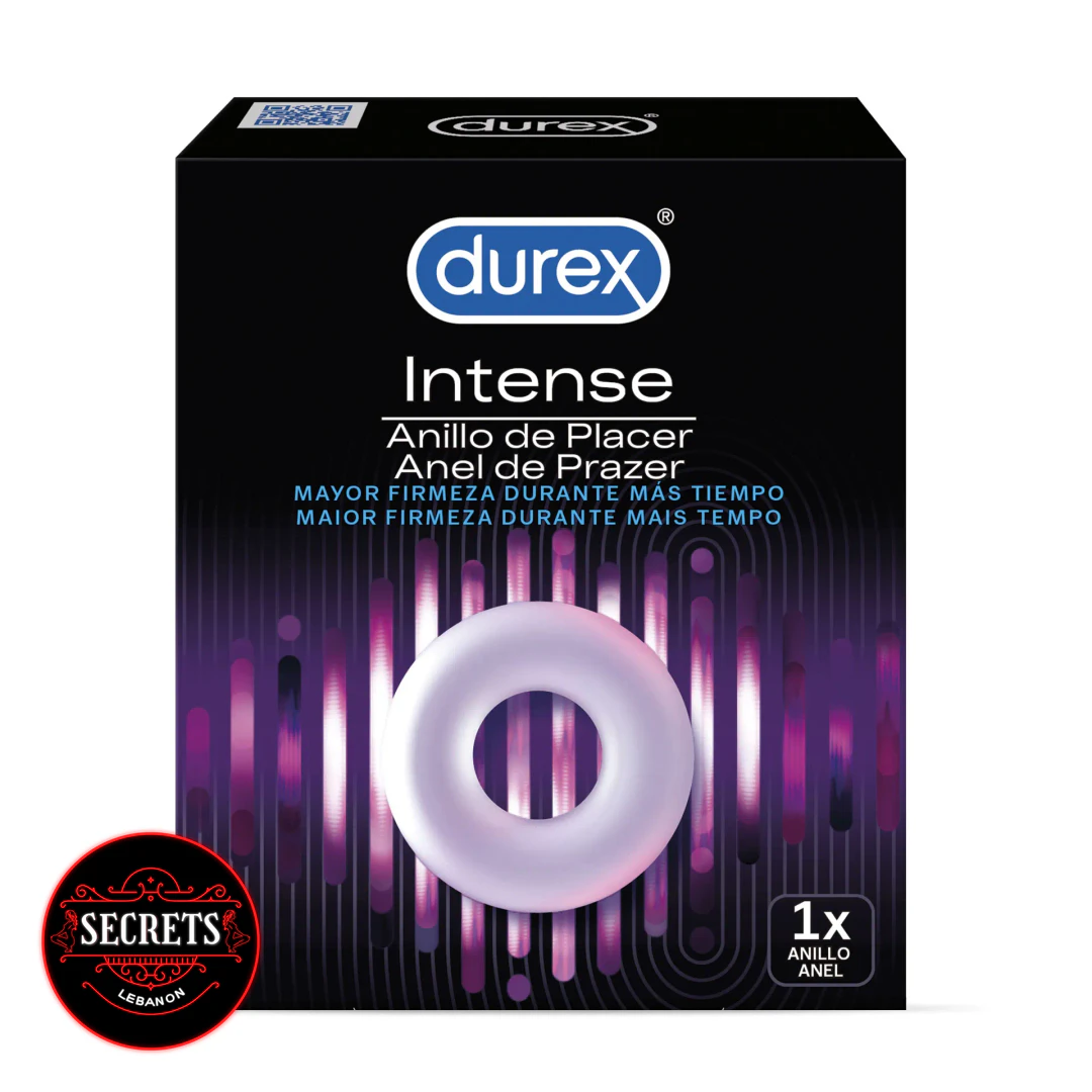 Durex Intense Silicone Cock Ring in black and purple retail box packaging