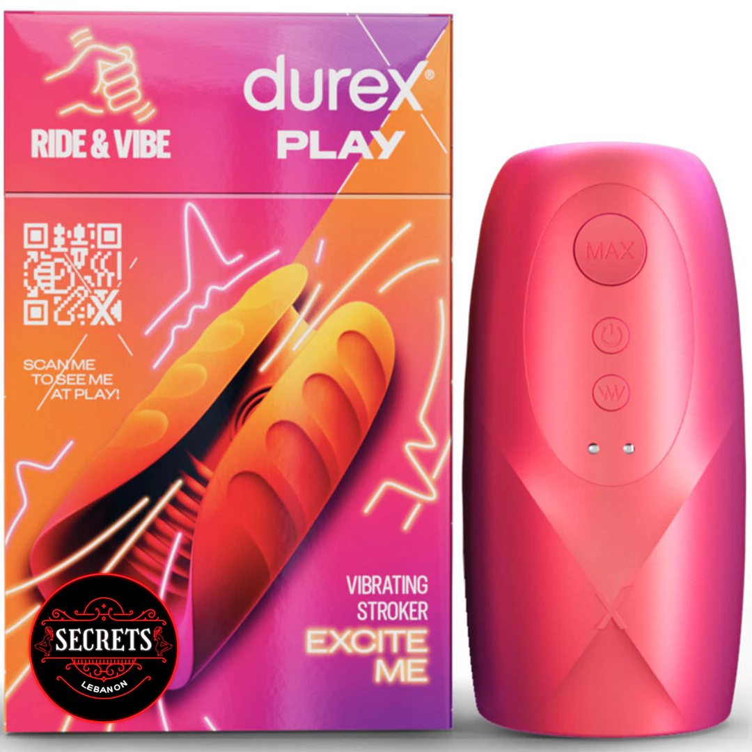 Durex Play Ride And Vibe Vibrating Stroker in pink beside retail box