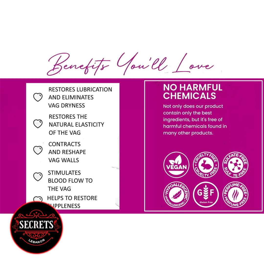 FlexiBloom Vaginal Tightening Gel benefits infographic on magenta background