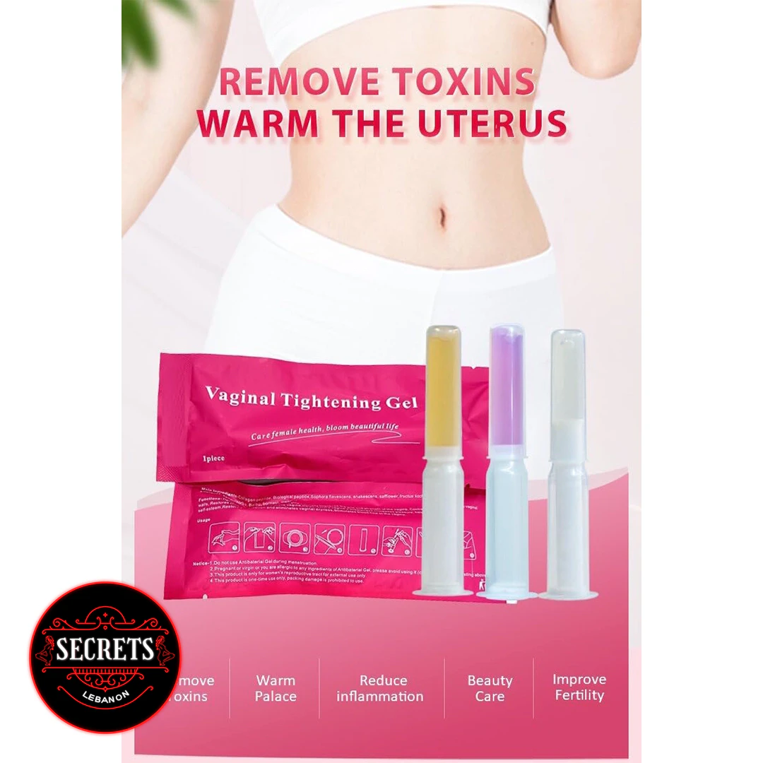FlexiBloom Vaginal Tightening Gel pink foil packet with three applicator syringes