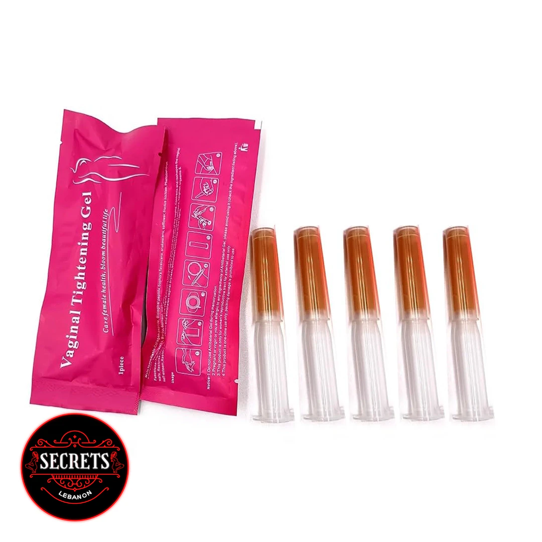 FlexiBloom Vaginal Tightening Gel pink foil packets with five clear applicator syringes