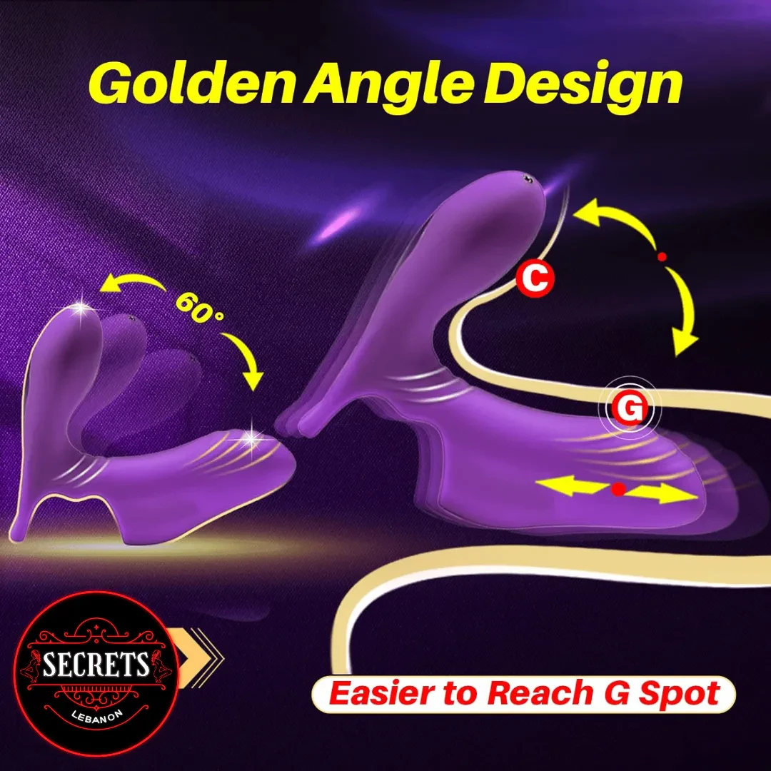 FlexWing Silicone Finger Vibrator purple dual-stimulator showing 60-degree flex golden-angle design diagram
