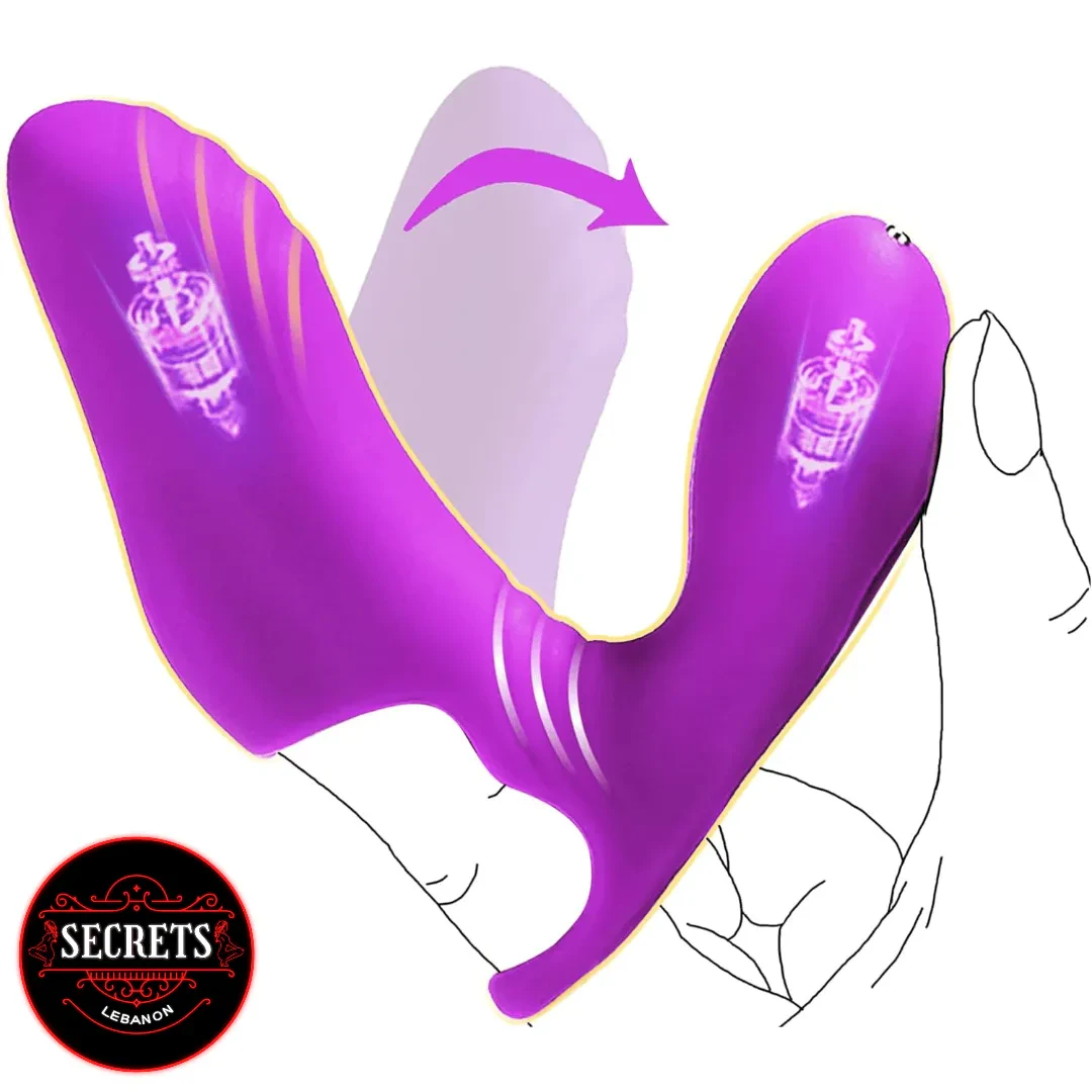 FlexWing Silicone Finger Vibrator in purple showing flexible hinge motion diagram