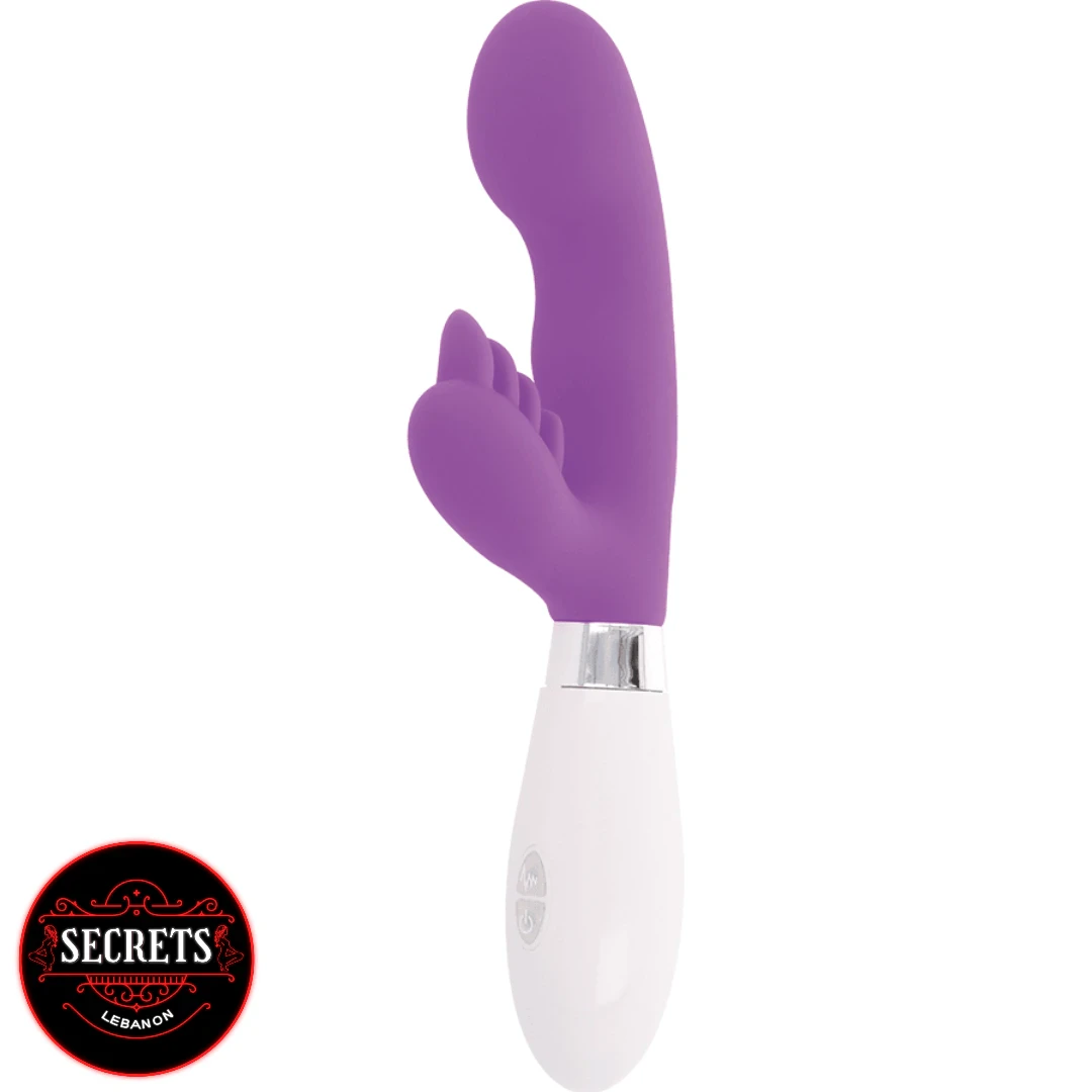 Glossy Elvis G-Spot Rabbit Vibrator in purple with white handle side view