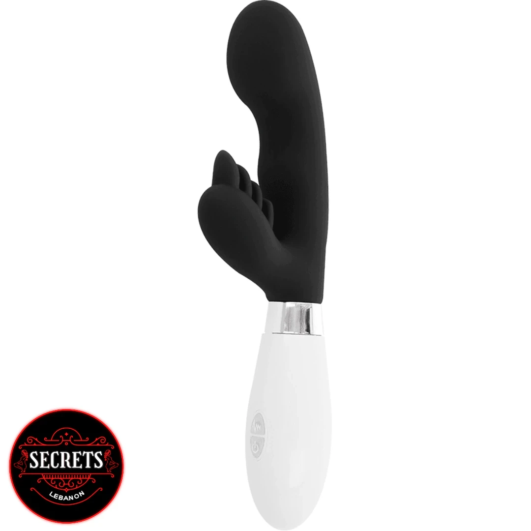 Glossy Elvis G-Spot Rabbit Vibrator in black silicone with white handle