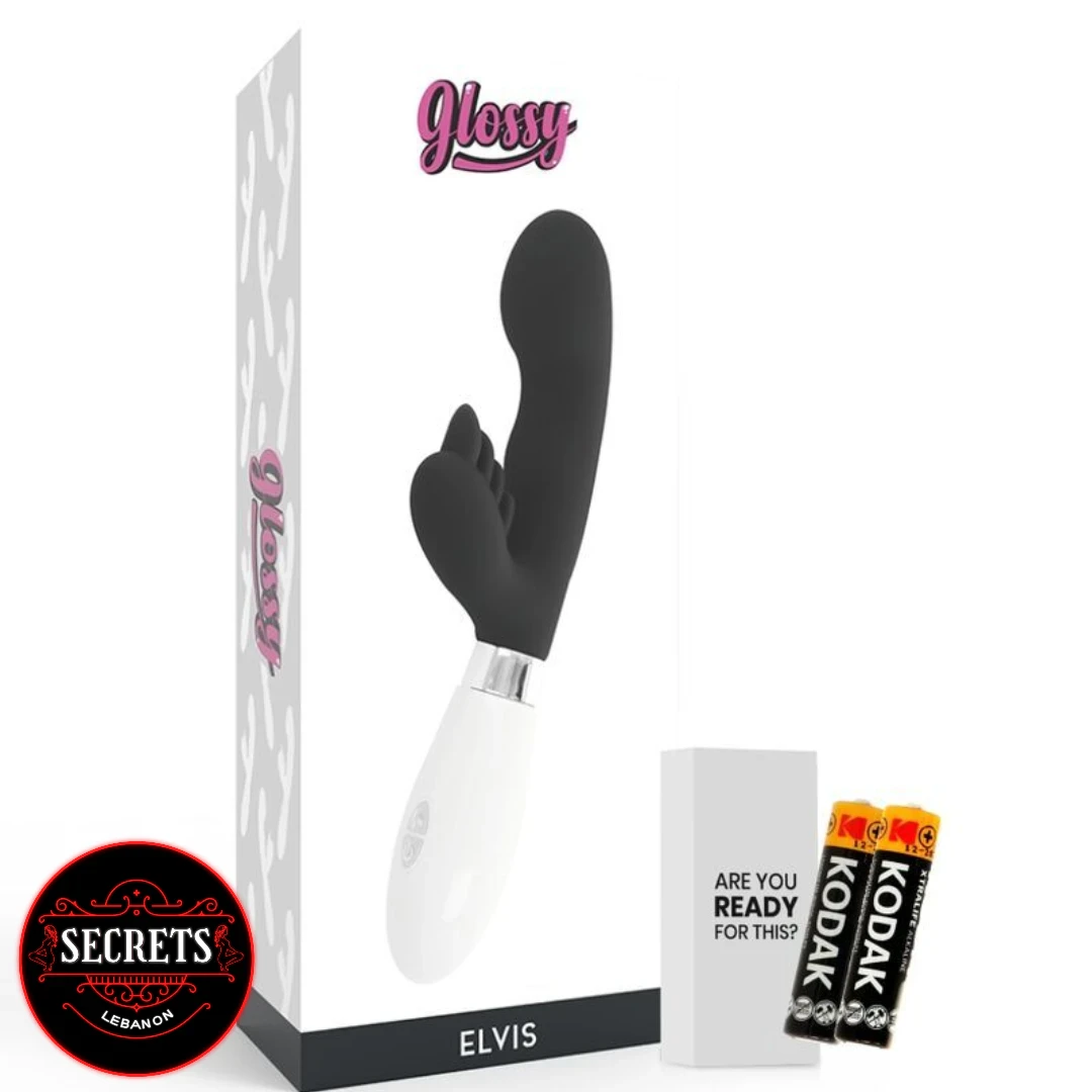 Glossy Elvis G-Spot Rabbit Vibrator black silicone with white handle and packaging