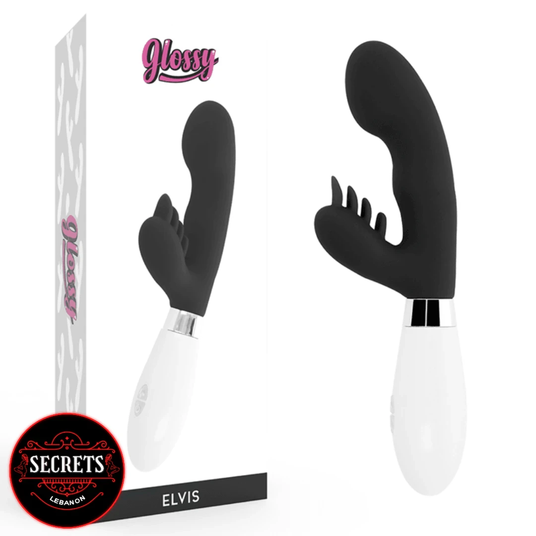 Glossy Elvis G-Spot Rabbit Vibrator in black and white beside its packaging