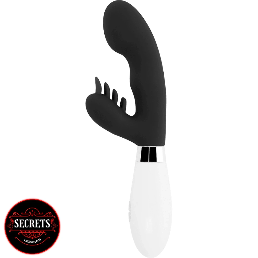 Glossy Elvis G-Spot Rabbit Vibrator in black silicone with white handle