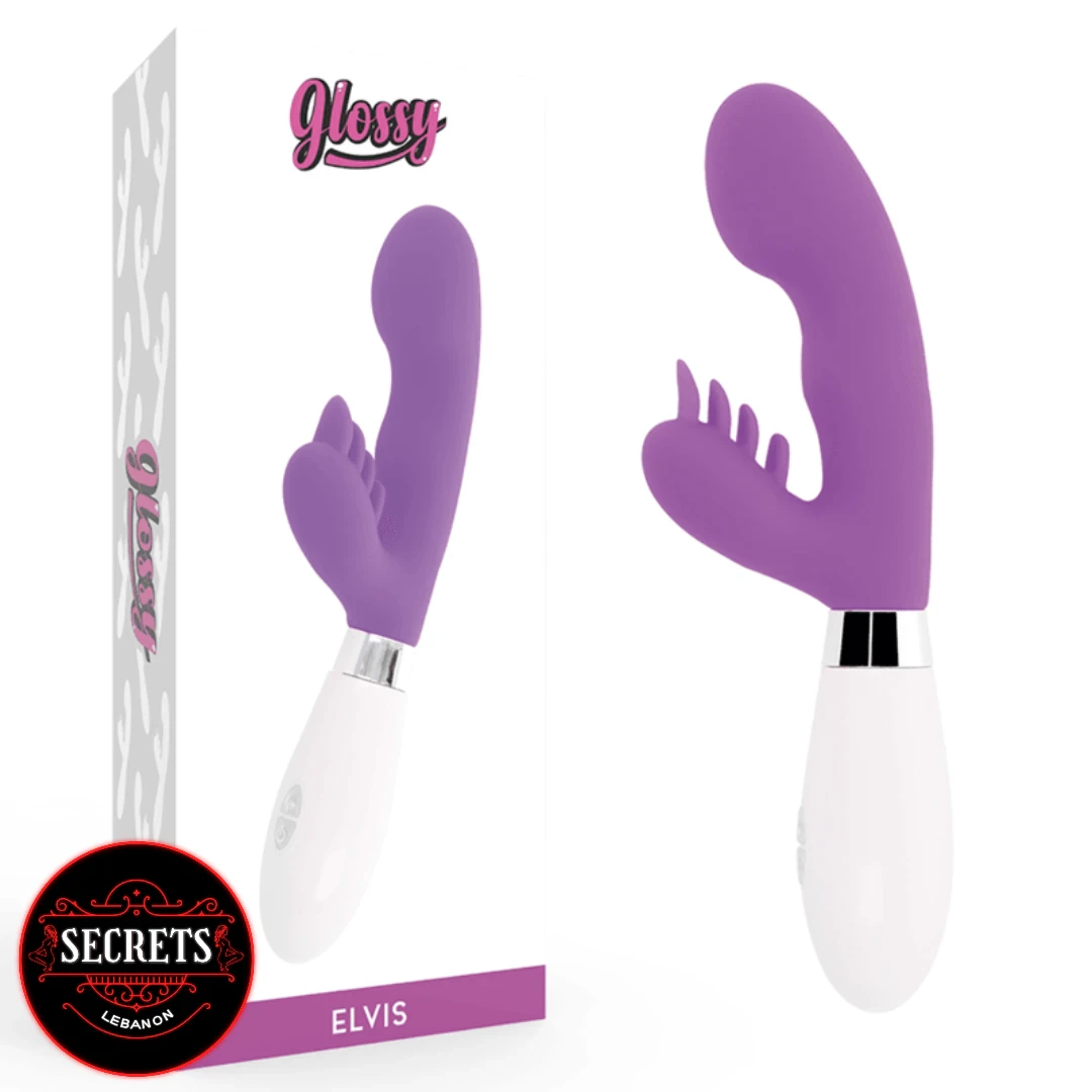 Glossy Elvis G-Spot Rabbit Vibrator in purple beside its white retail box