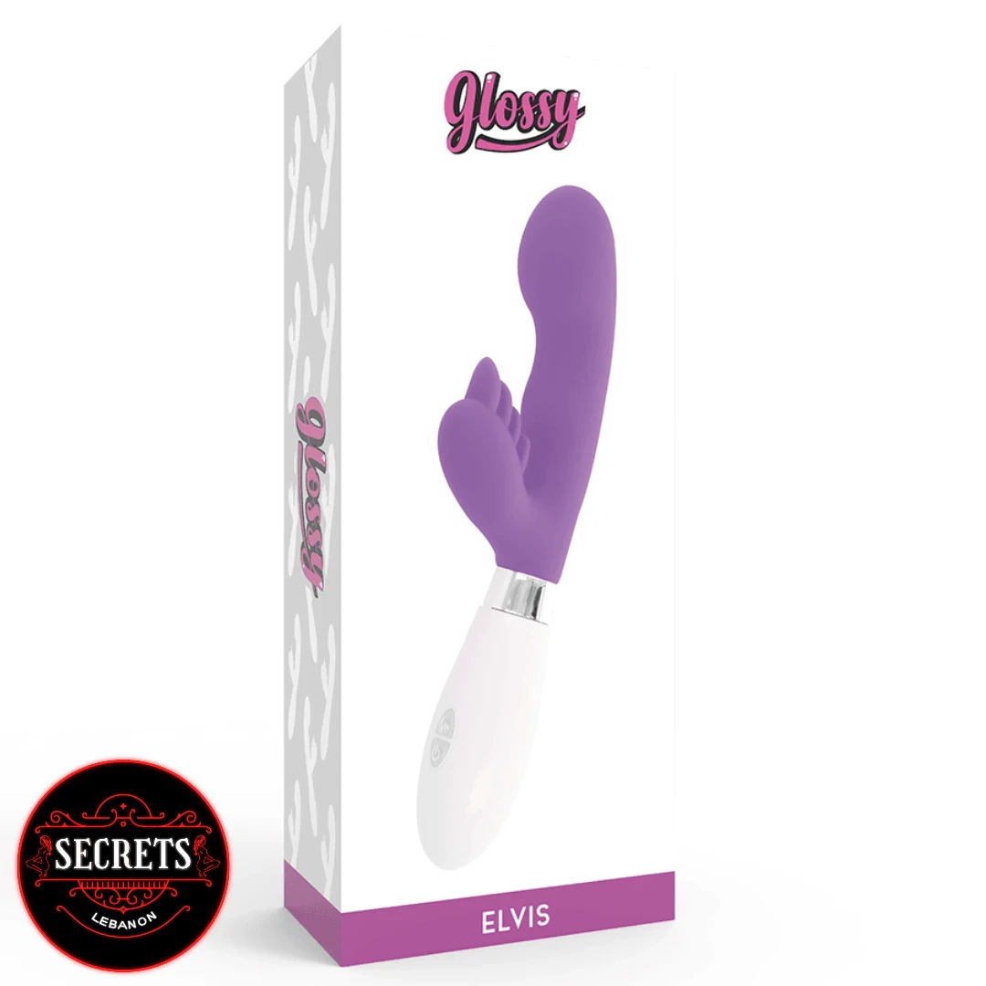 Glossy Elvis G-Spot Rabbit Vibrator in purple on white retail packaging