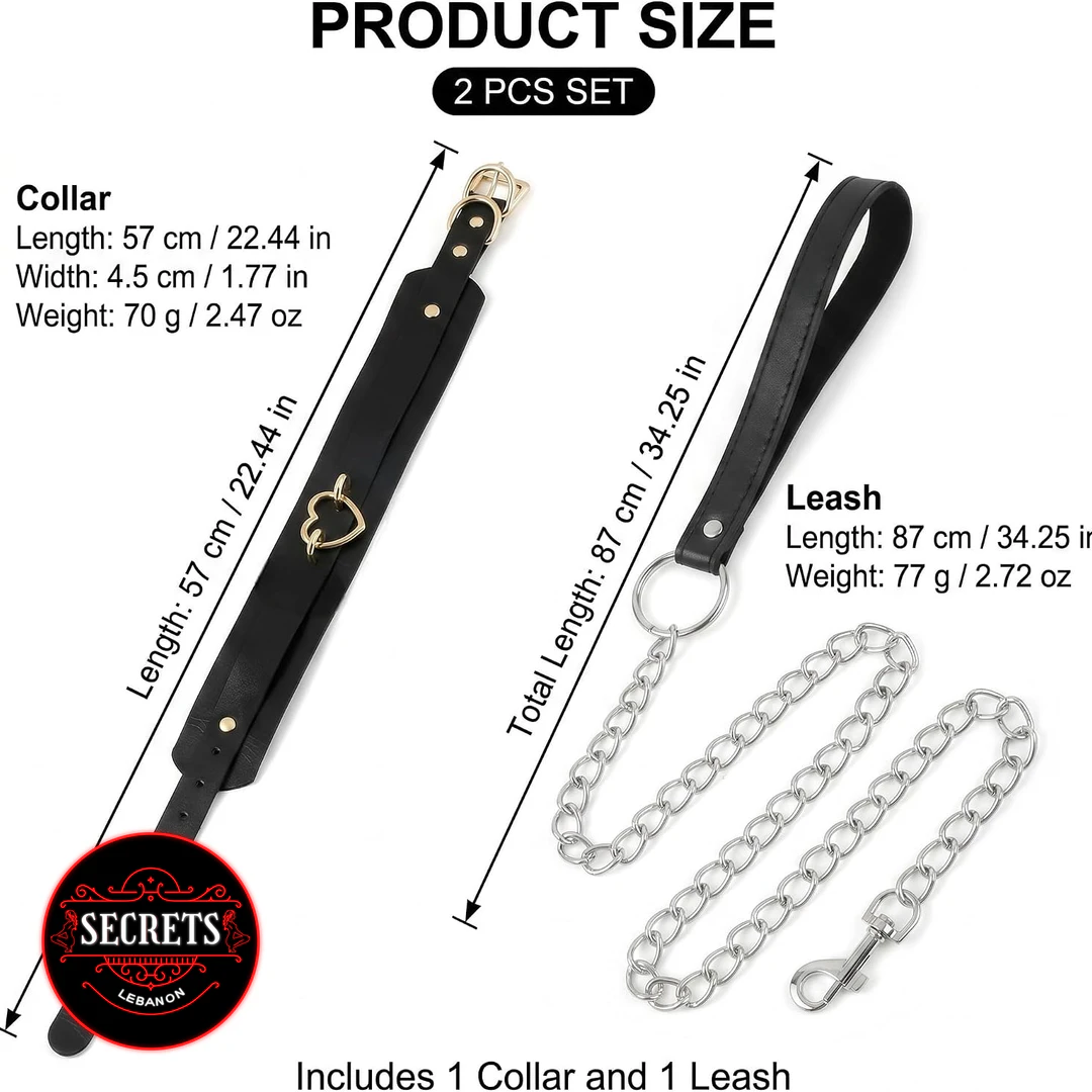 Gold Heart BDSM Collar Leash Set size chart with dimensions labeled