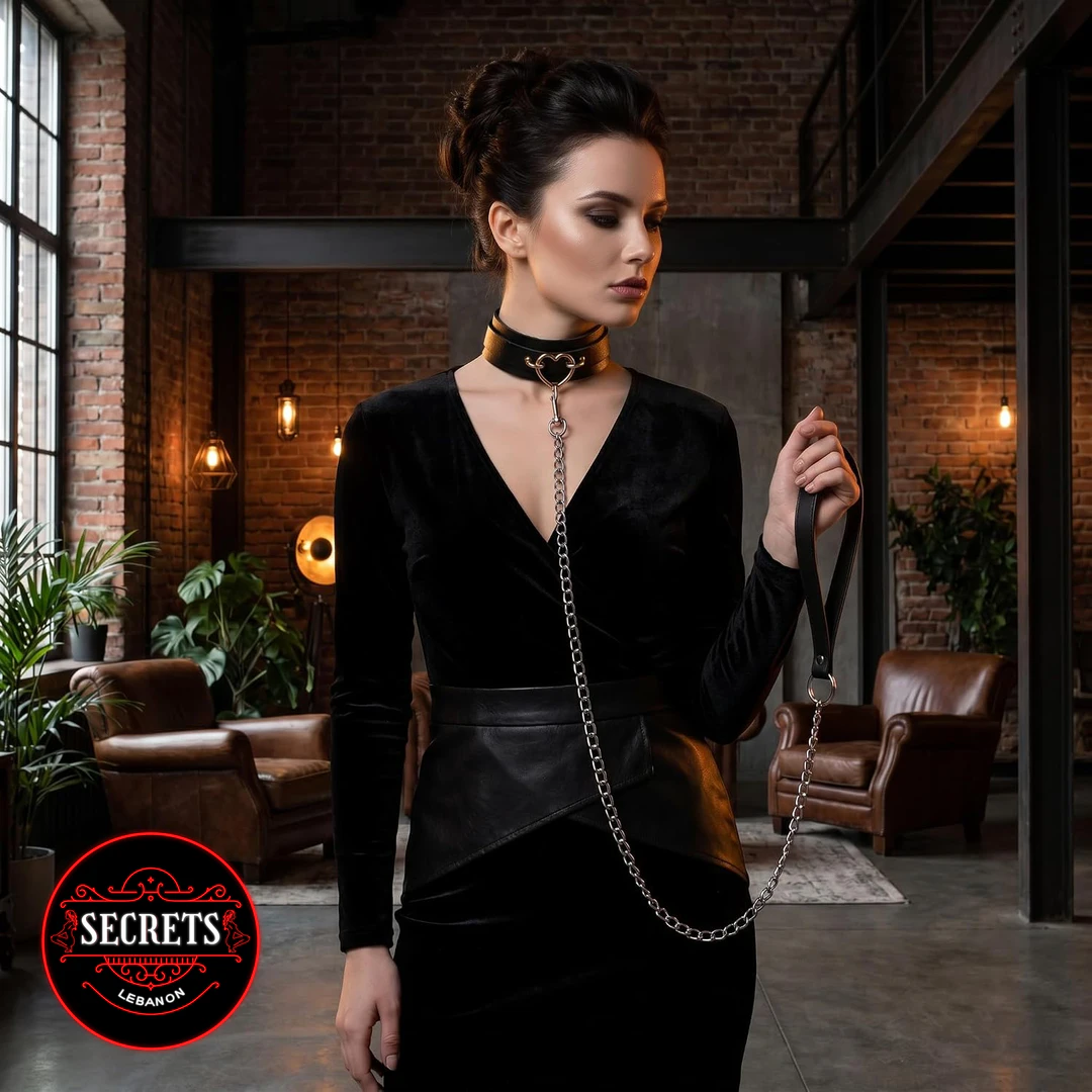 Gold Heart BDSM Collar Leash Set worn by model in black dress