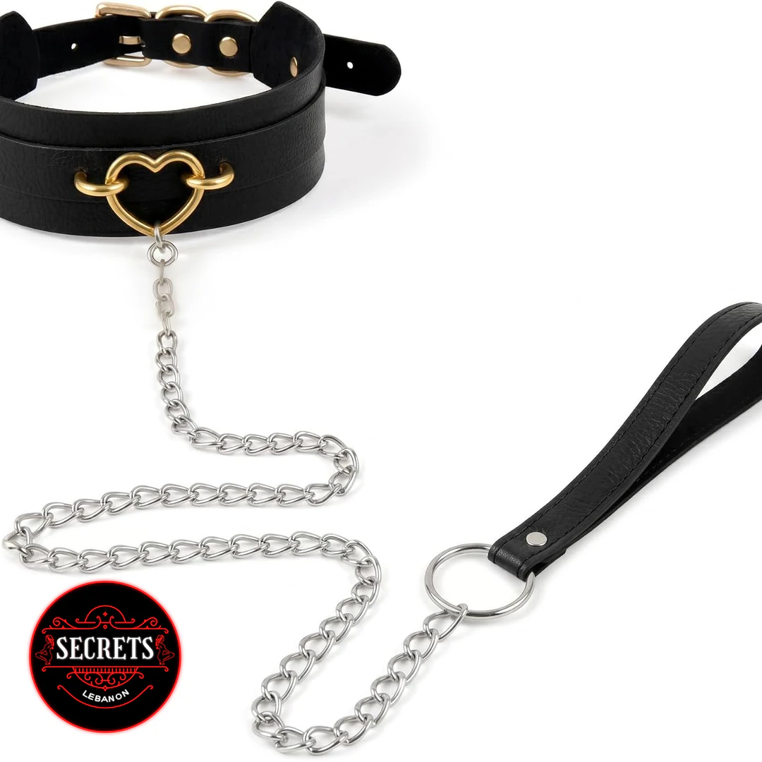 Gold Heart BDSM Collar Leash Set with silver chain on white background