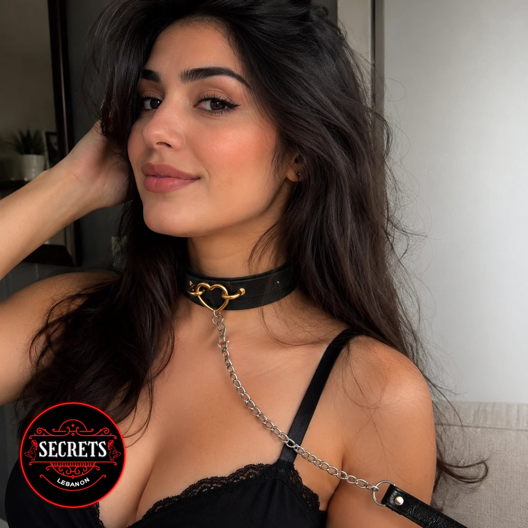 Gold Heart BDSM Collar Leash Set worn with black leather arm cuff