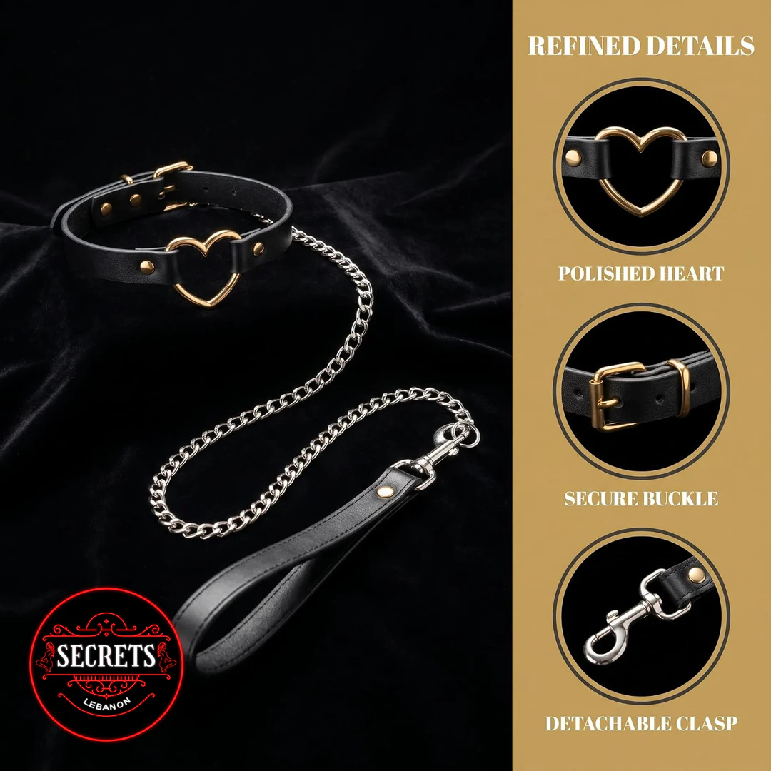 Gold Heart BDSM Collar Leash Set with silver chain on black velvet
