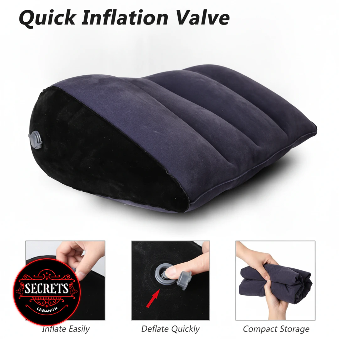 Inflatable Sex Wedge in dark blue velvet with quick-inflation valve shown