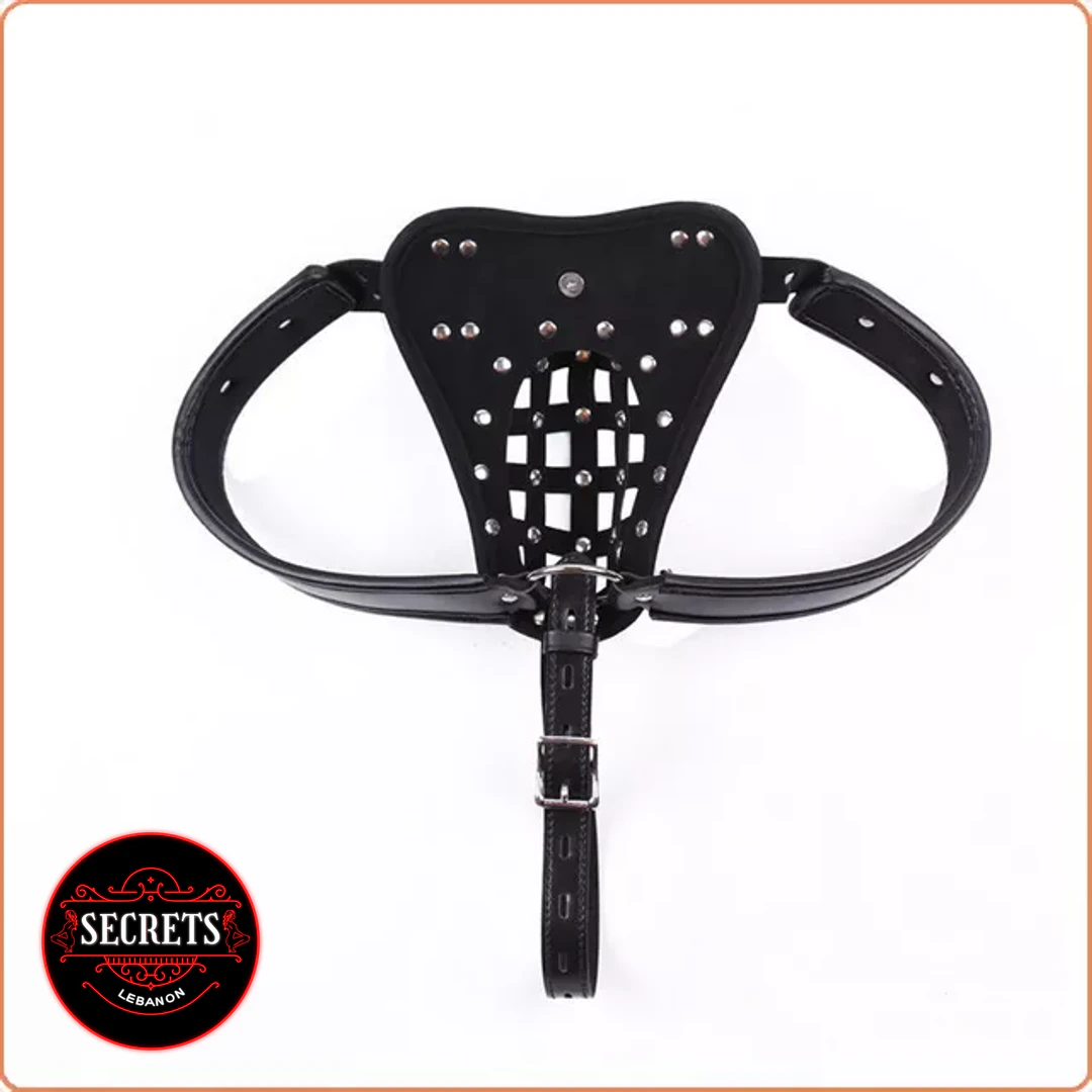 Leather Chastity Belt with studded front panel and adjustable waist straps