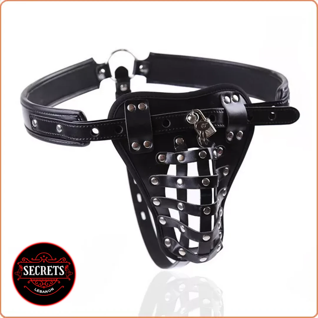 Leather Chastity Belt with cage front panel, silver rivets, and padlock