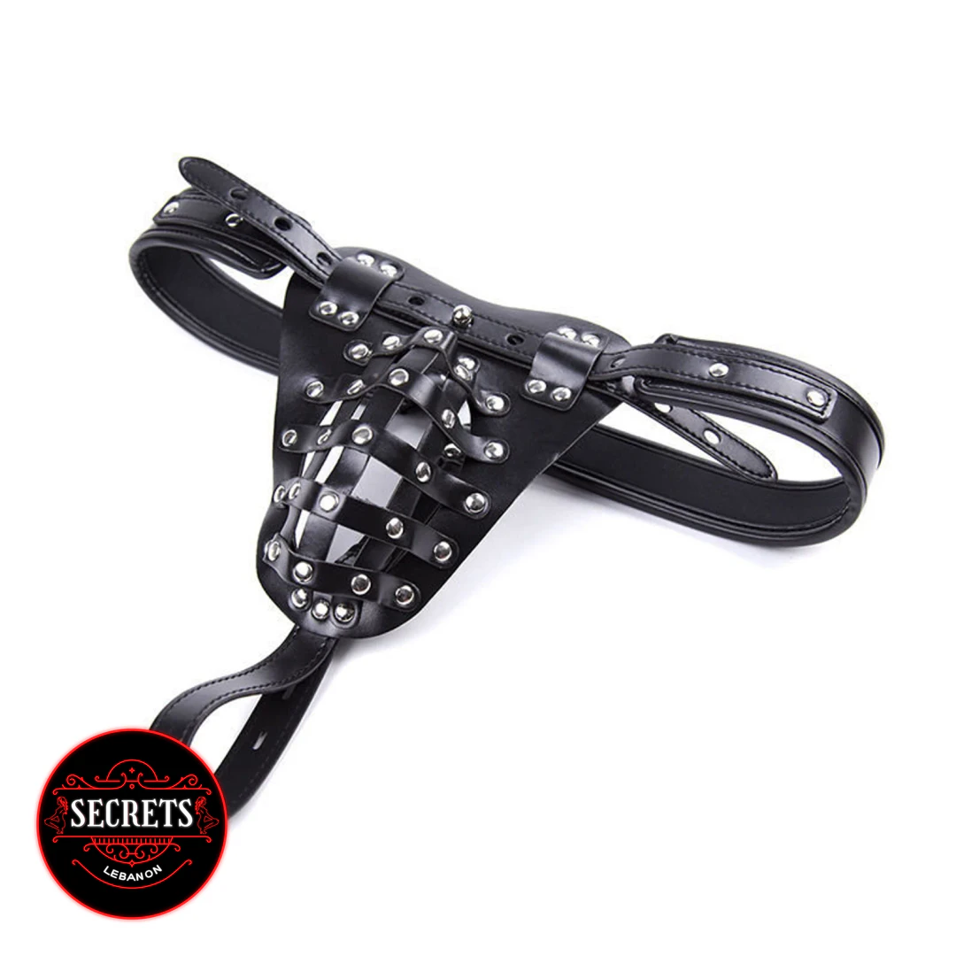 Leather Chastity Belt with woven black faux-leather front and silver rivets