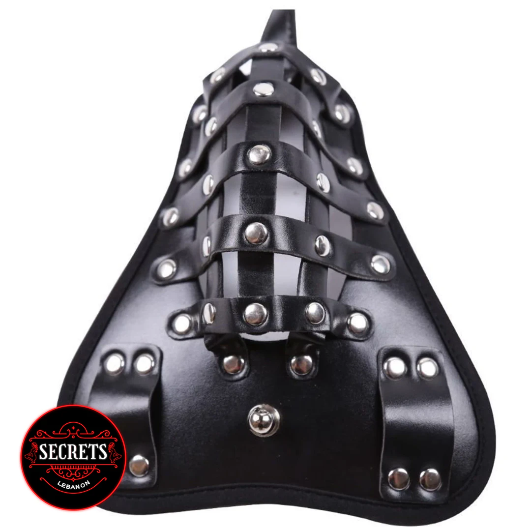 Leather Chastity Belt with studded black faux leather panel and cage straps