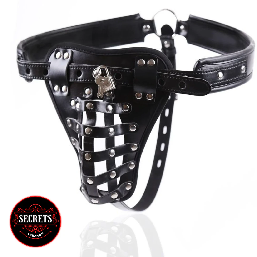 Leather Chastity Belt with cage straps, silver studs, and padlock